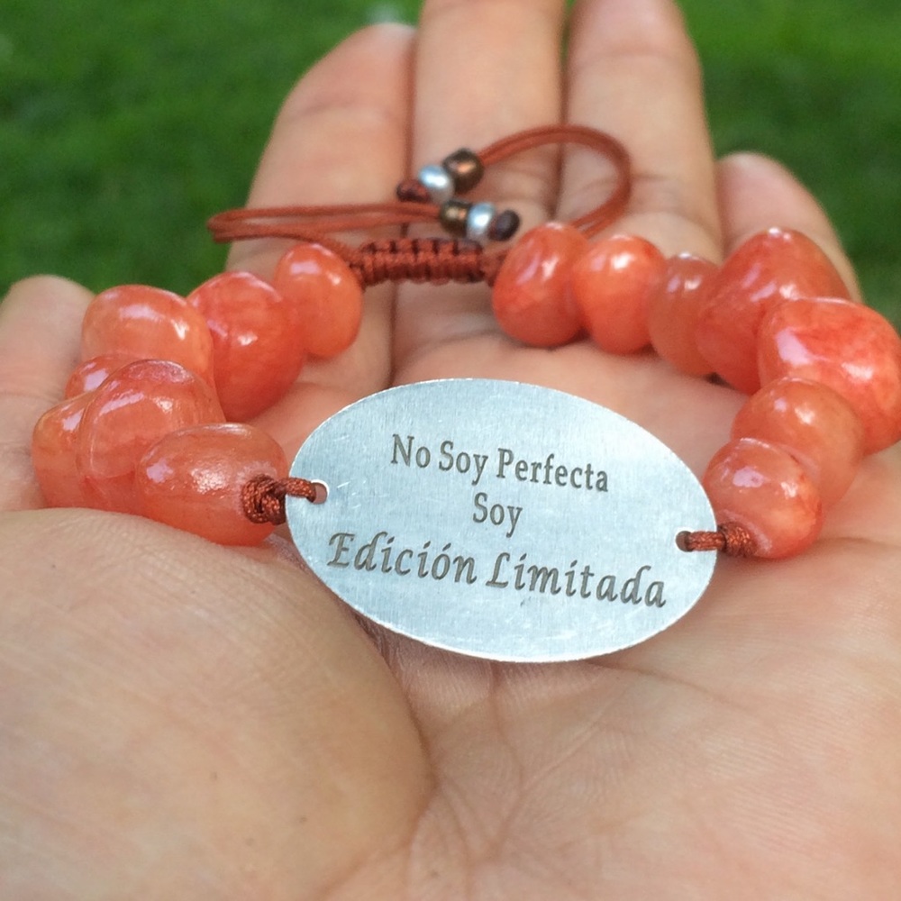 Spanish Engraving inspirational bracelet with Peach Natural Dyed Jade Stones